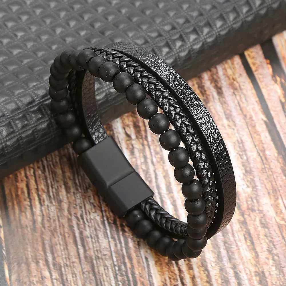 Heren Multi-Laags Leren Armband | Handgeweven met Natuurstenen Kralen | Tijgeroog & Lapis