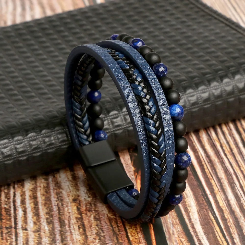 Heren Multi-Laags Leren Armband | Handgeweven met Natuurstenen Kralen | Tijgeroog & Lapis