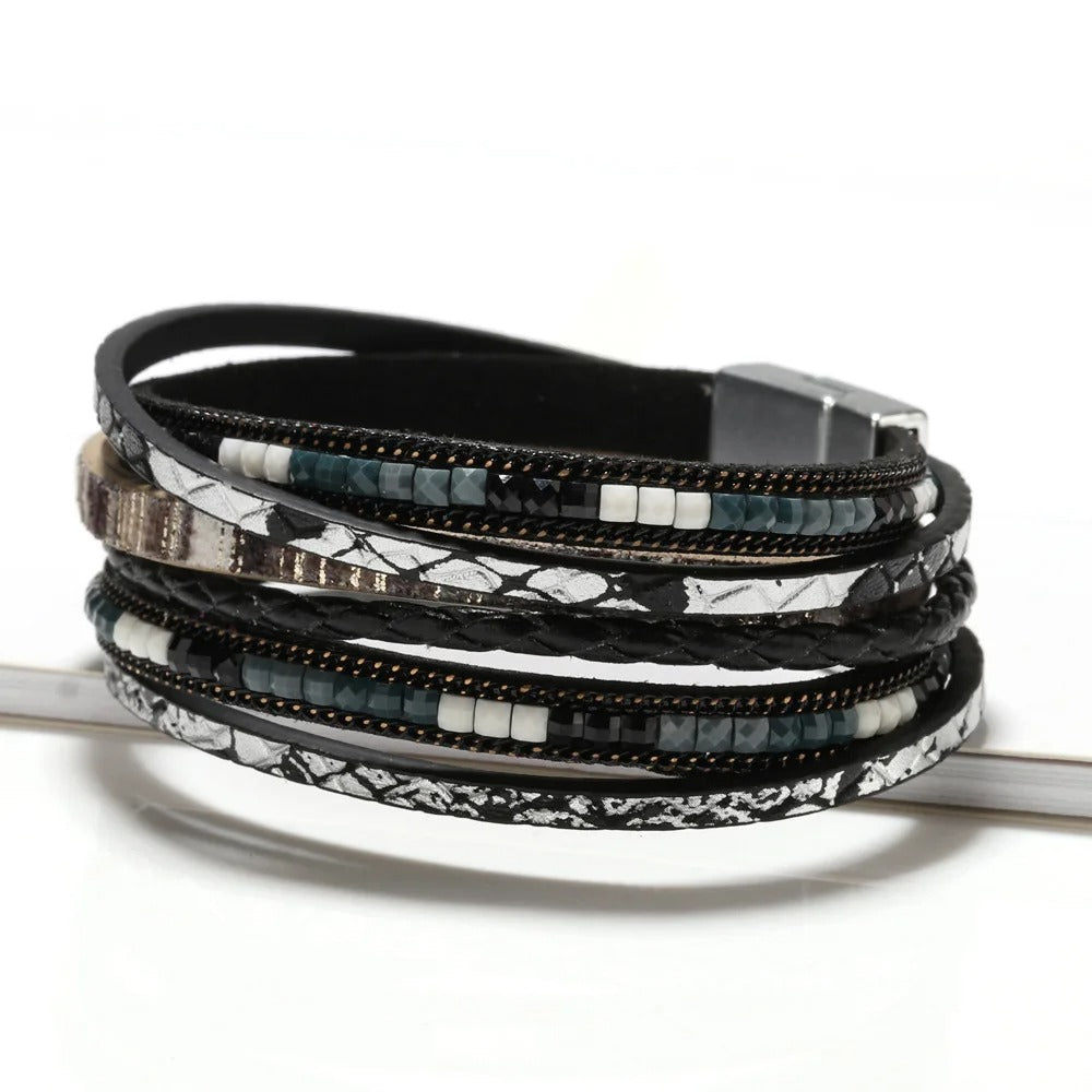 Dames Boho Multi-Laags Leren Wrap Armband | Handgeweven Magnetische Sluiting | Aardse Stijl