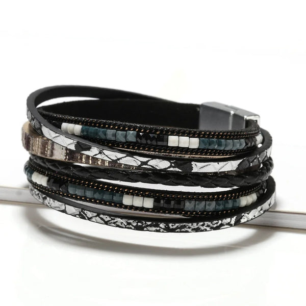 Dames Boho Multi-Laags Leren Wrap Armband | Handgeweven Magnetische Sluiting | Aardse Stijl