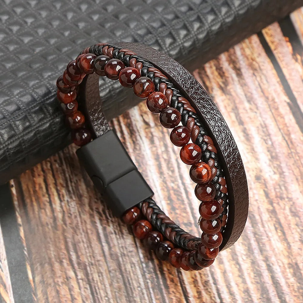 Heren Multi-Laags Leren Armband | Handgeweven met Natuurstenen Kralen | Tijgeroog & Lapis