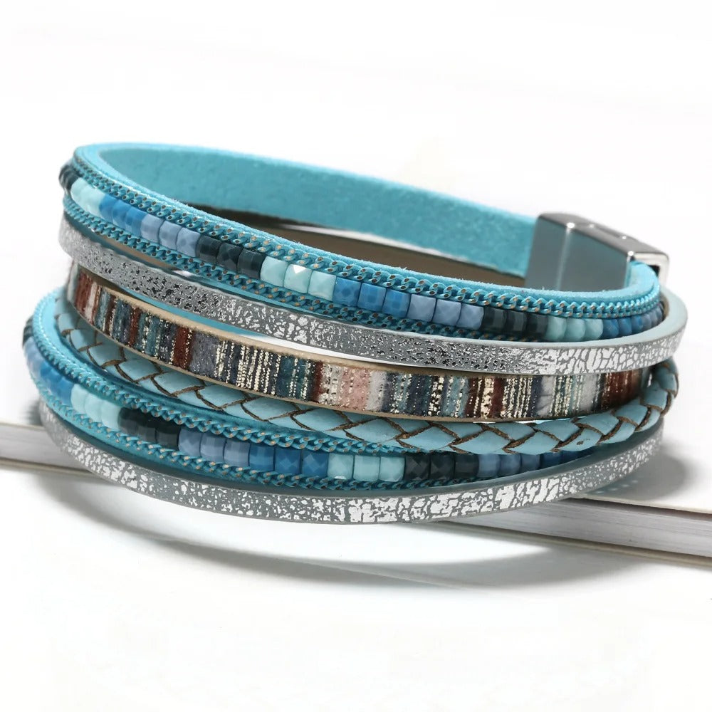 Dames Boho Multi-Laags Leren Wrap Armband | Handgeweven Magnetische Sluiting | Aardse Stijl