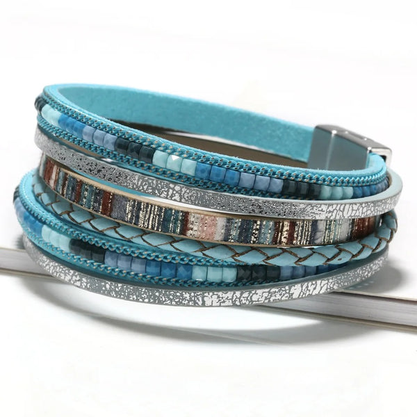 Dames Boho Multi-Laags Leren Wrap Armband | Handgeweven Magnetische Sluiting | Aardse Stijl