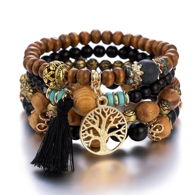Dames Boho Levensboom Kralen Armband Set | Handgemaakte Houten Kralen | Gelaagde Stapel
