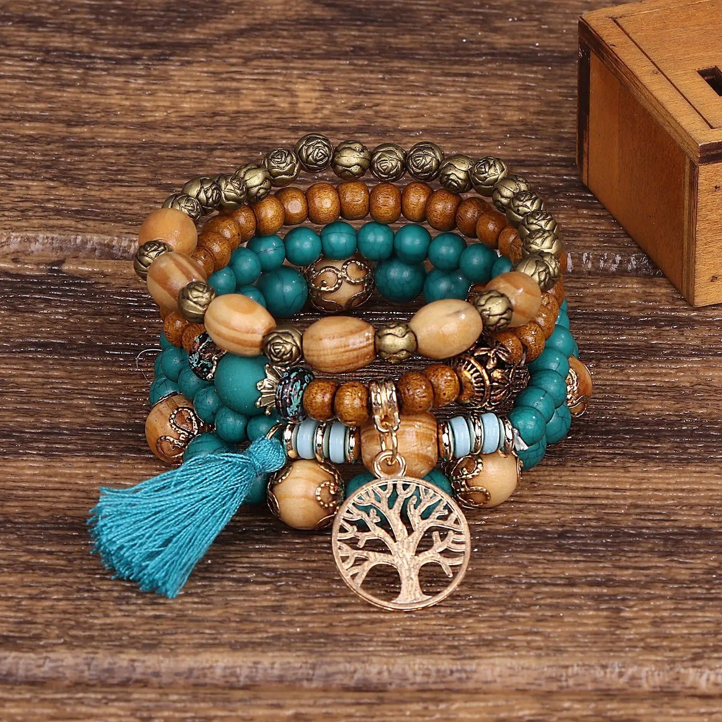 Dames Boho Levensboom Kralen Armband Set | Handgemaakte Houten Kralen | Gelaagde Stapel