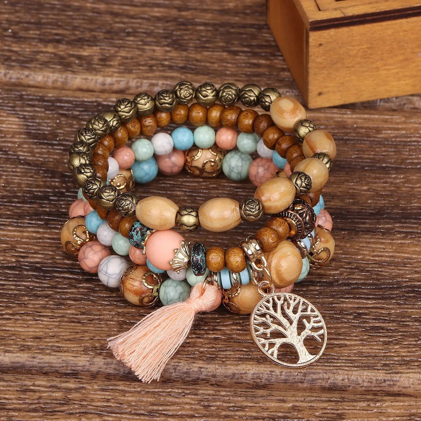 Dames Boho Levensboom Kralen Armband Set | Handgemaakte Houten Kralen | Gelaagde Stapel
